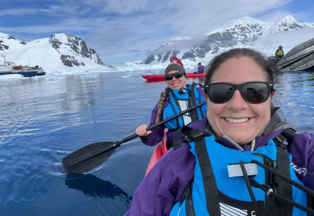 Kristen Haut and Julie Katz, both AB ’02, kayak in Antarctica