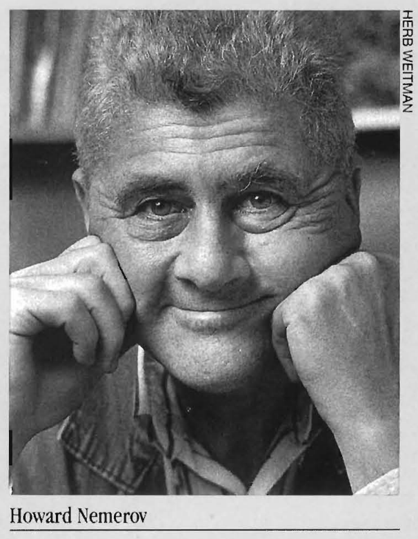 Black and white photo of WashU professor Howard Nemerov posing with his hands on his face