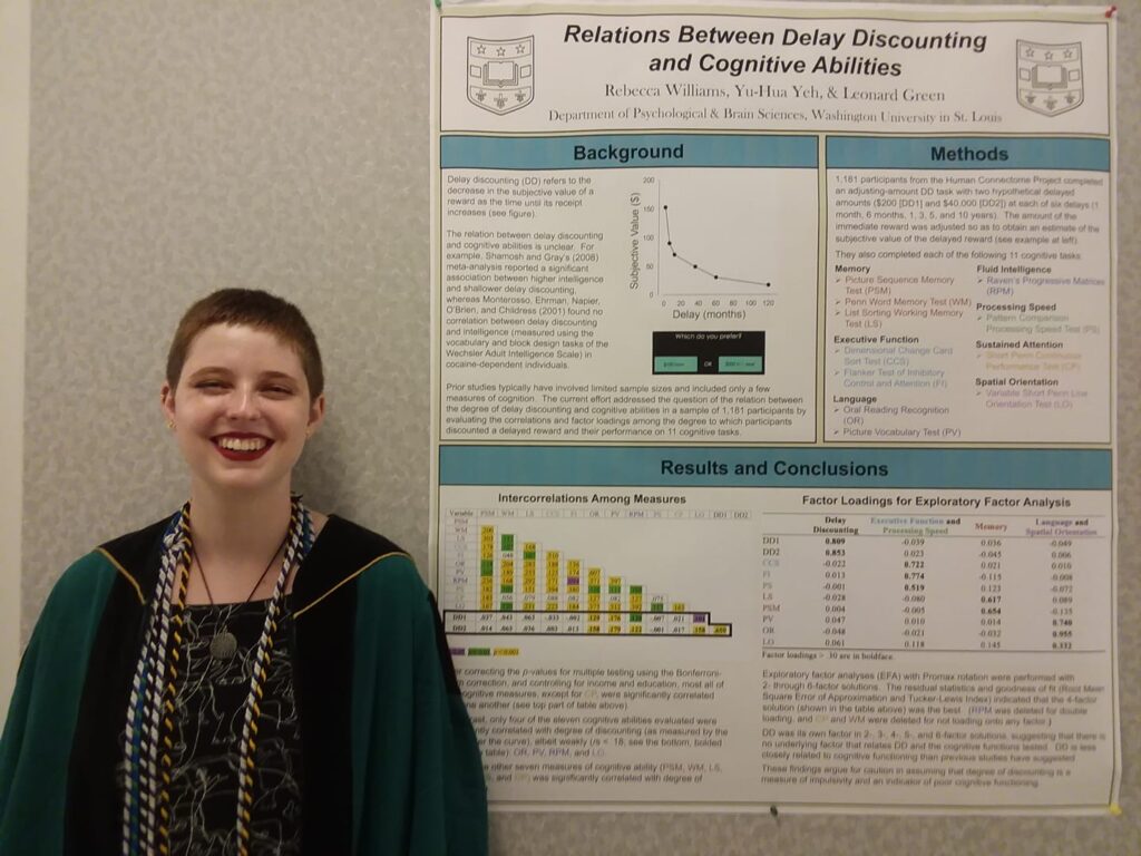 Photo of a WashU student standing dressed in a graduation gown standing next to a poster about her research project