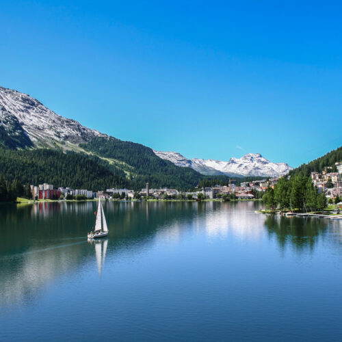 View of Saint Moritz lake with small boat