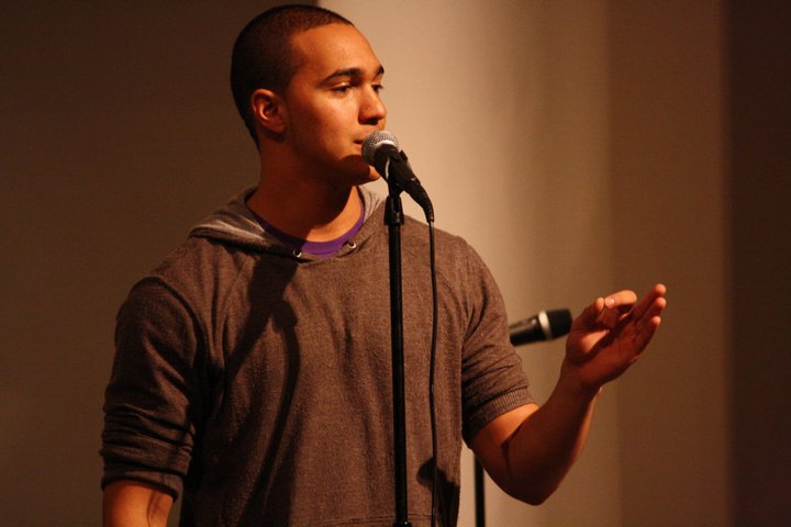 Aaron Samuels at the microphone for SLAM poetry session