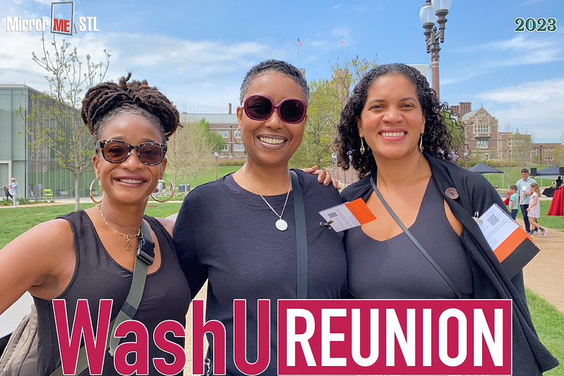 Alumni pose for a picture during Alumni Barbecue in Tisch Park; a special border around the picture spells out 'WashU Reunion' in red and white