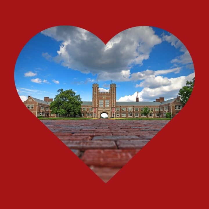 Brookings Hall seen in a heart in a red box