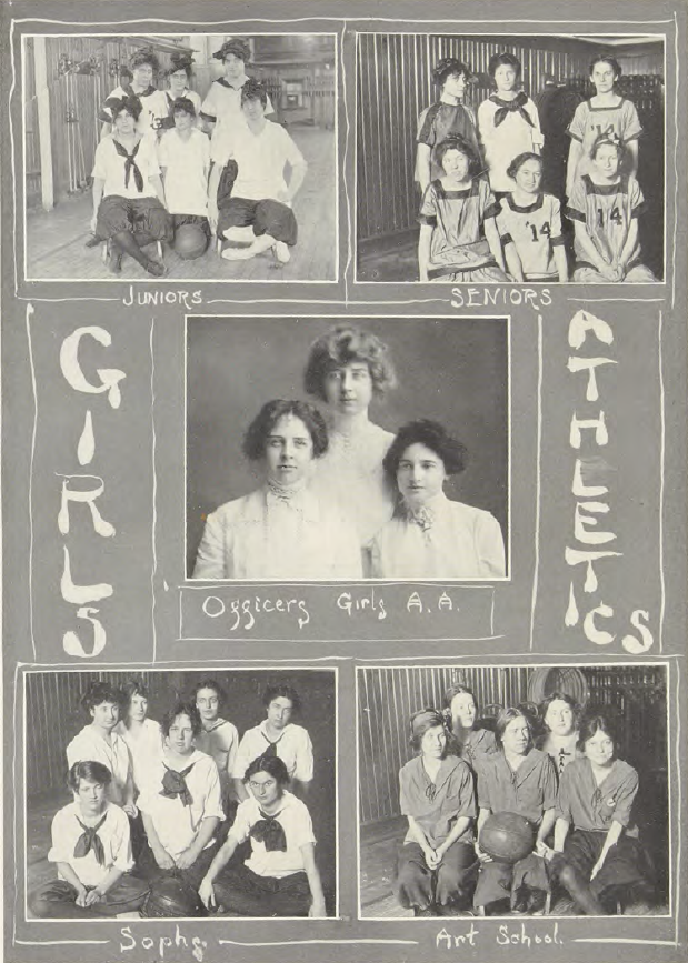 Black and white collage of women's athletic teams from the 1914 Hatchet Yearbook
