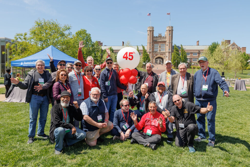 The 45th reunion class pose for a photo